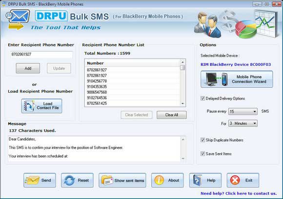 Screenshot of BlackBerry Bulk SMS Software 6.0.1.4