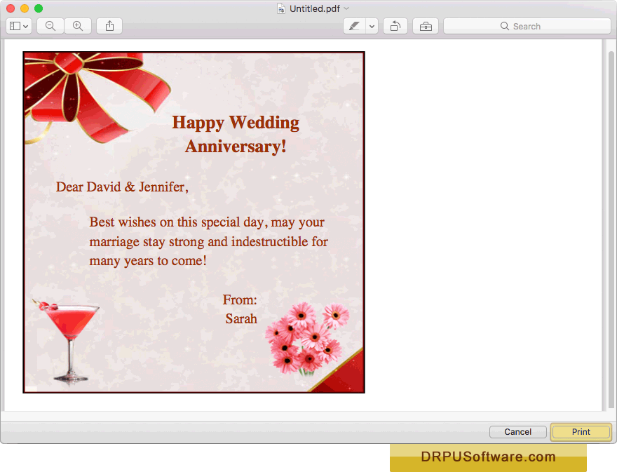 Print preview of designed anniversary greeting card