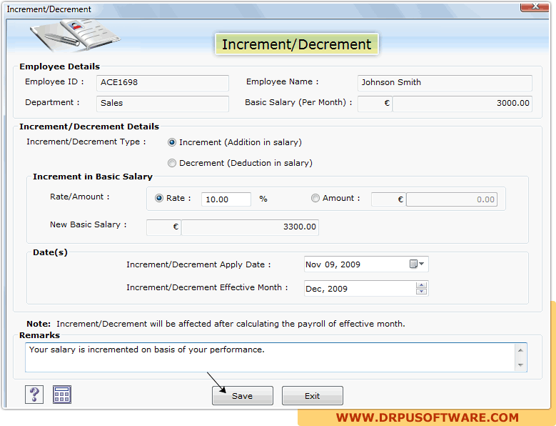 Screenshot of employee planner to maintain salary increment decrement