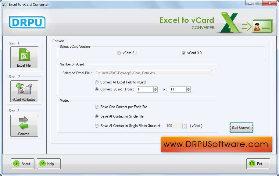 Screenshot of Excel to vCard Converter 2.0.1.5