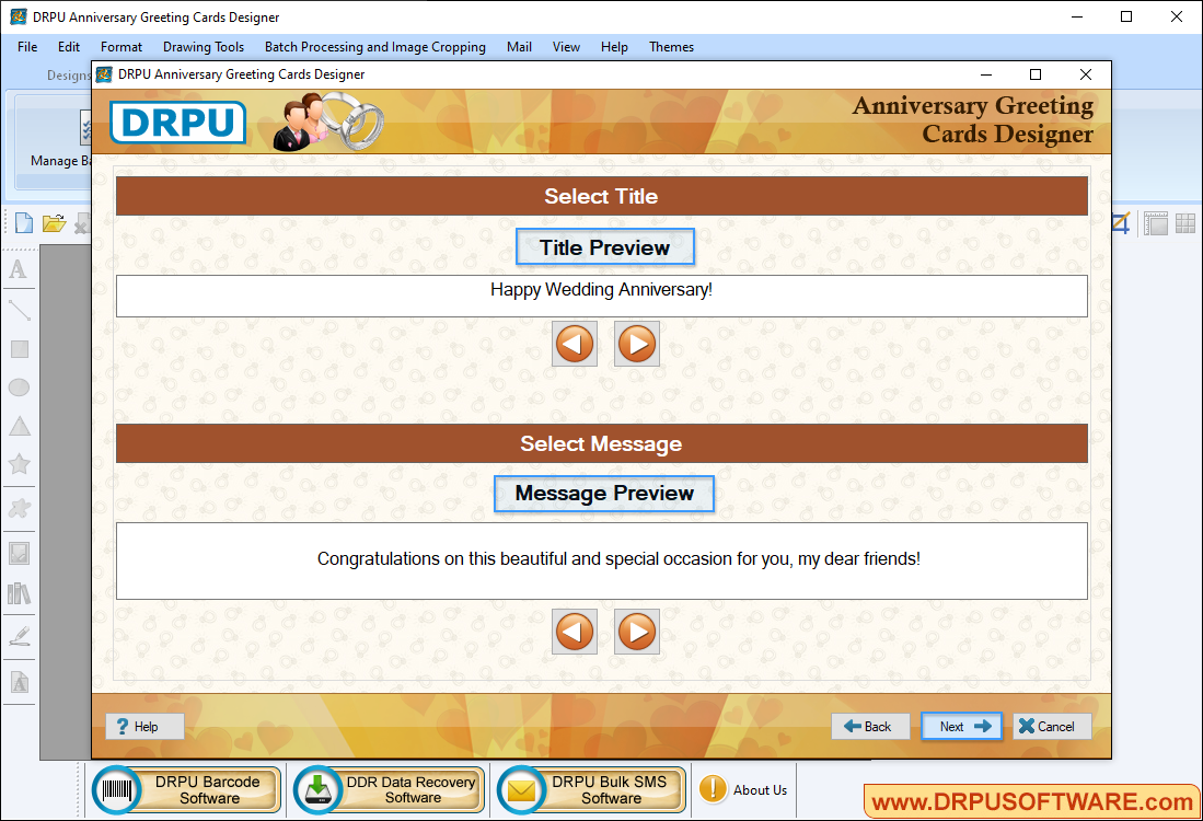 Select anniversary card title and message