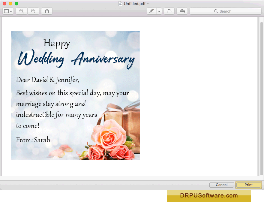 Print preview of designed anniversary greeting card