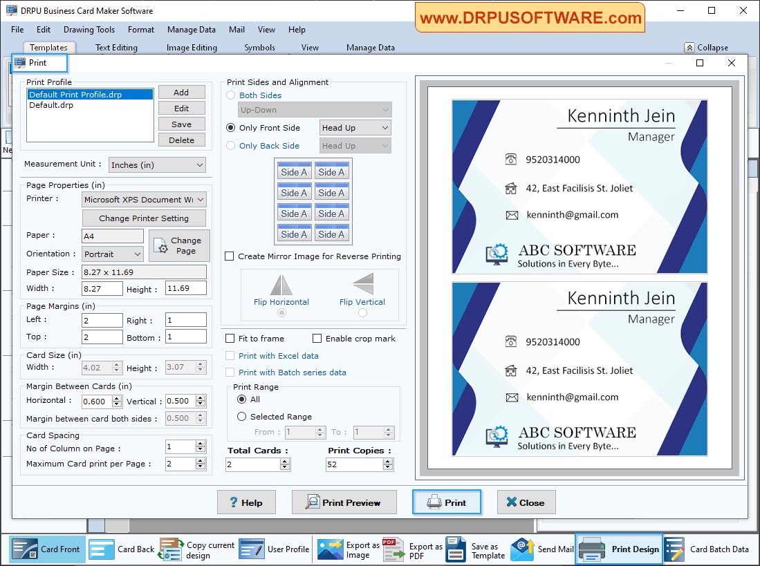 prints Properties DRPU Business Card Maker Software