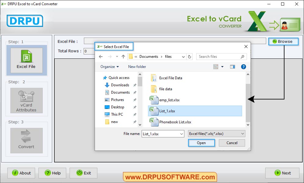 Select and Browsing Excel File Excel to vCard Converter