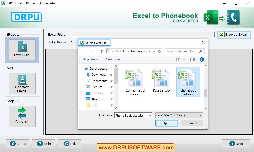 Choose Options Excel to Phonebook Converter