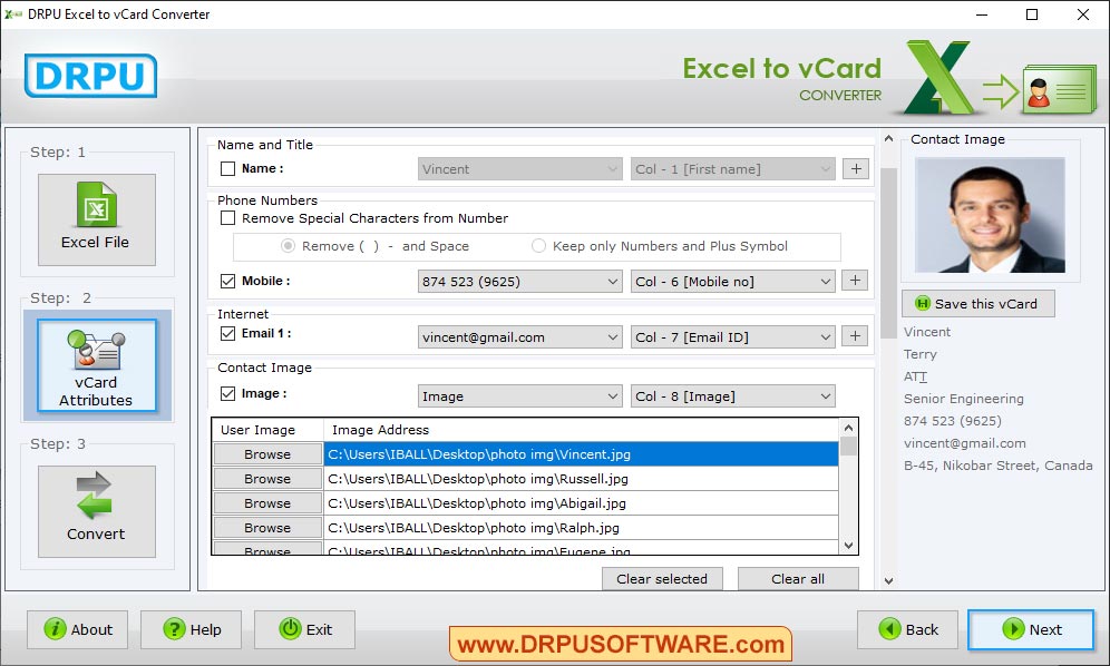 Select attribuites names Excel to vCard Converter