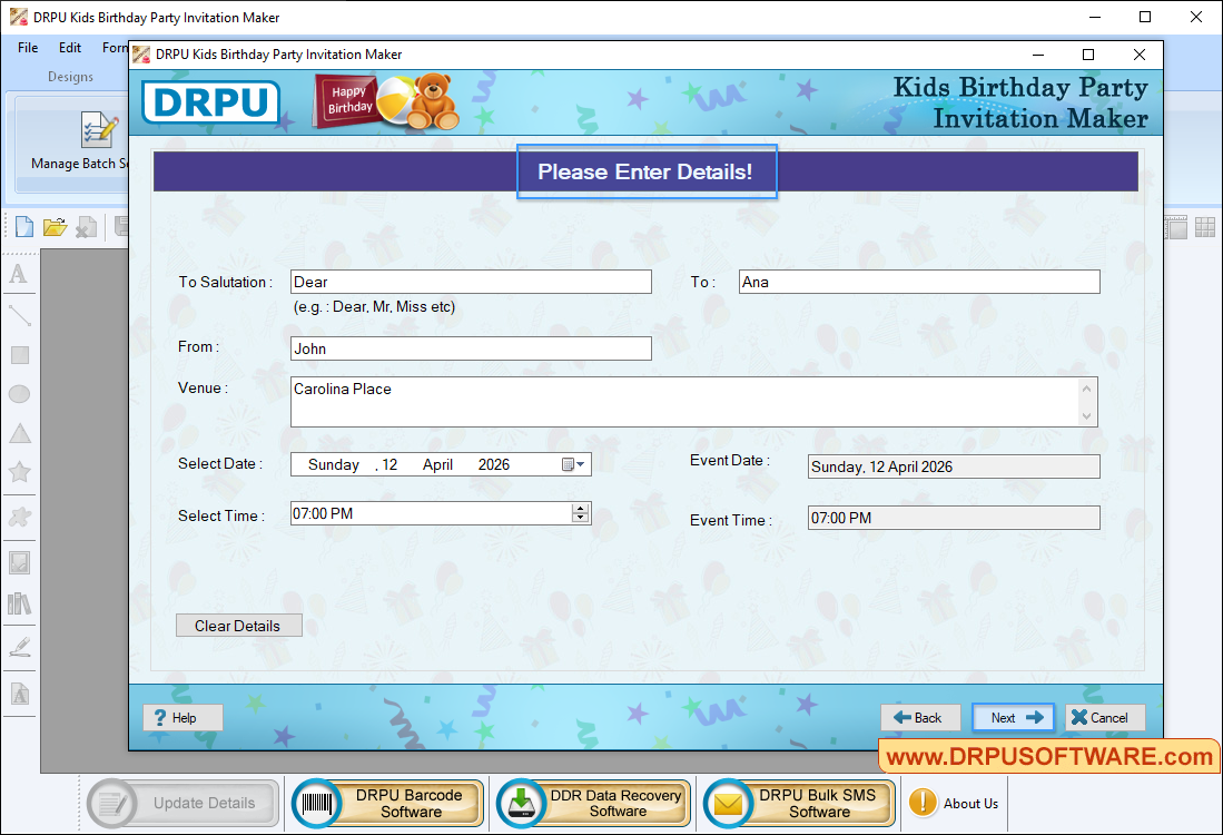 Enter Invitation Card Details