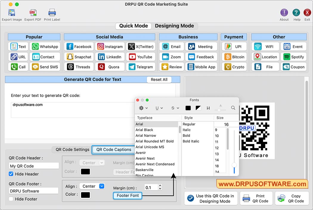 Select QR Code Font Option