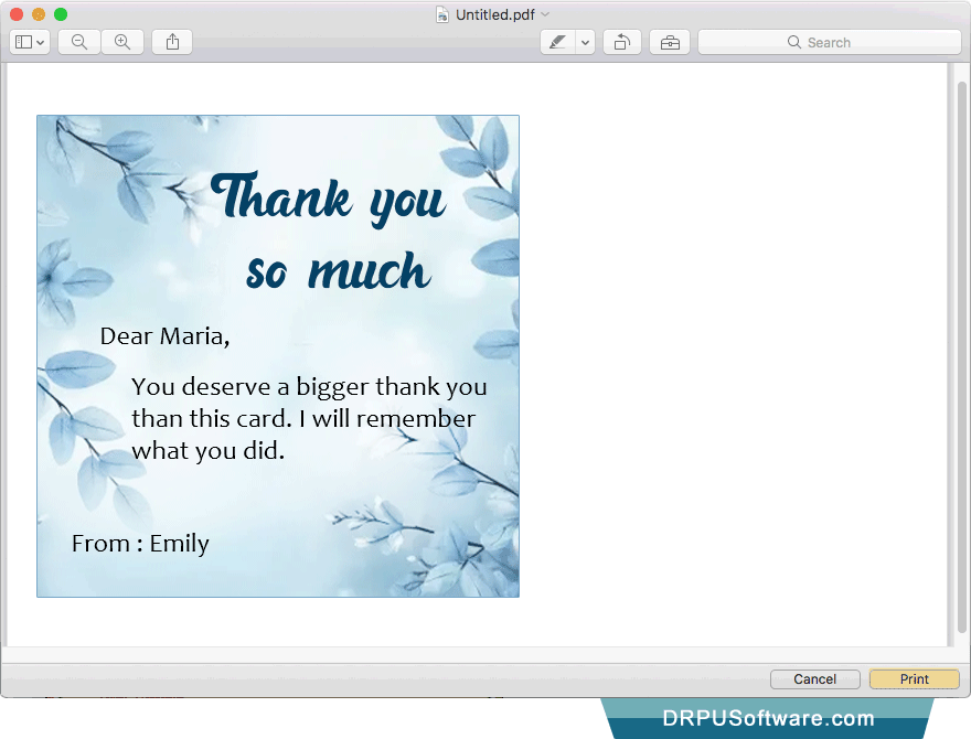Print preview of designed Thank You greeting card