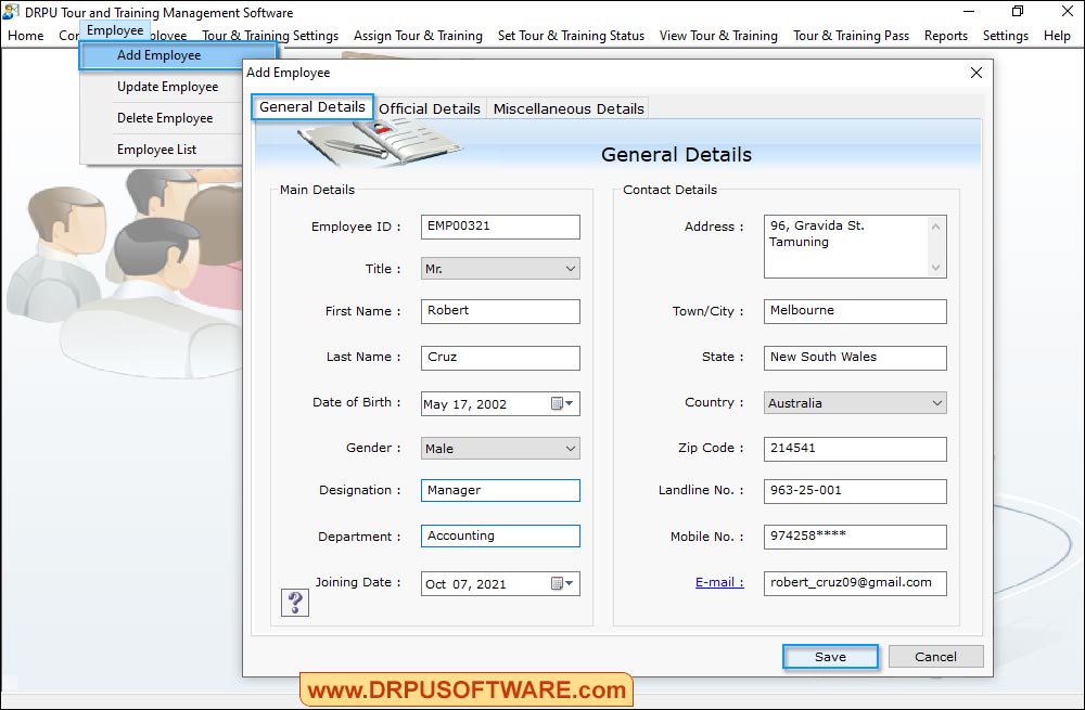 Employee Details and save Tour and Training Management Software