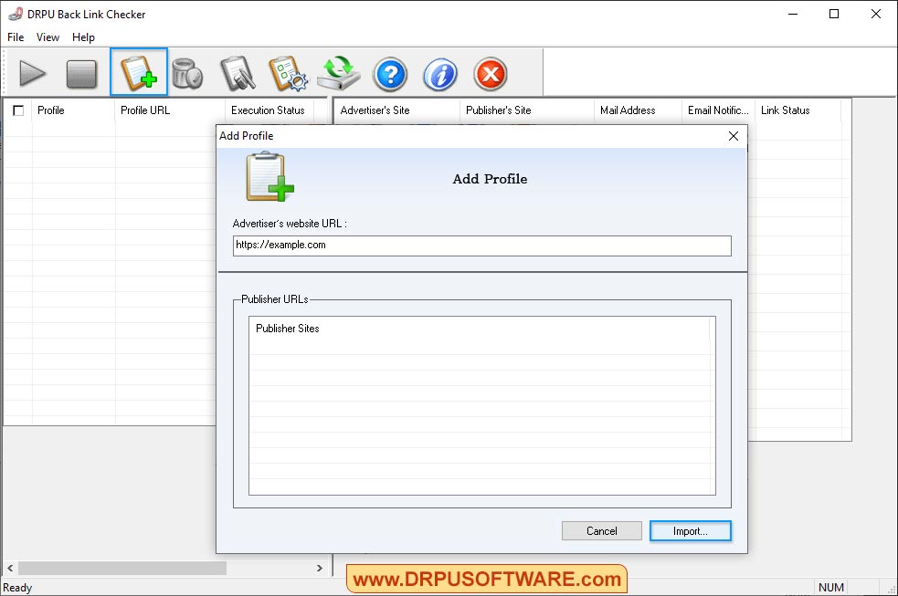 Add Advertiser's website URL DRPU Backlink Checker