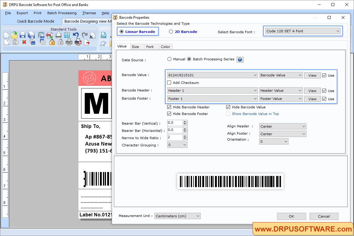 Watch DRPU barcode software for post office and banks screenshots to create barcode tags