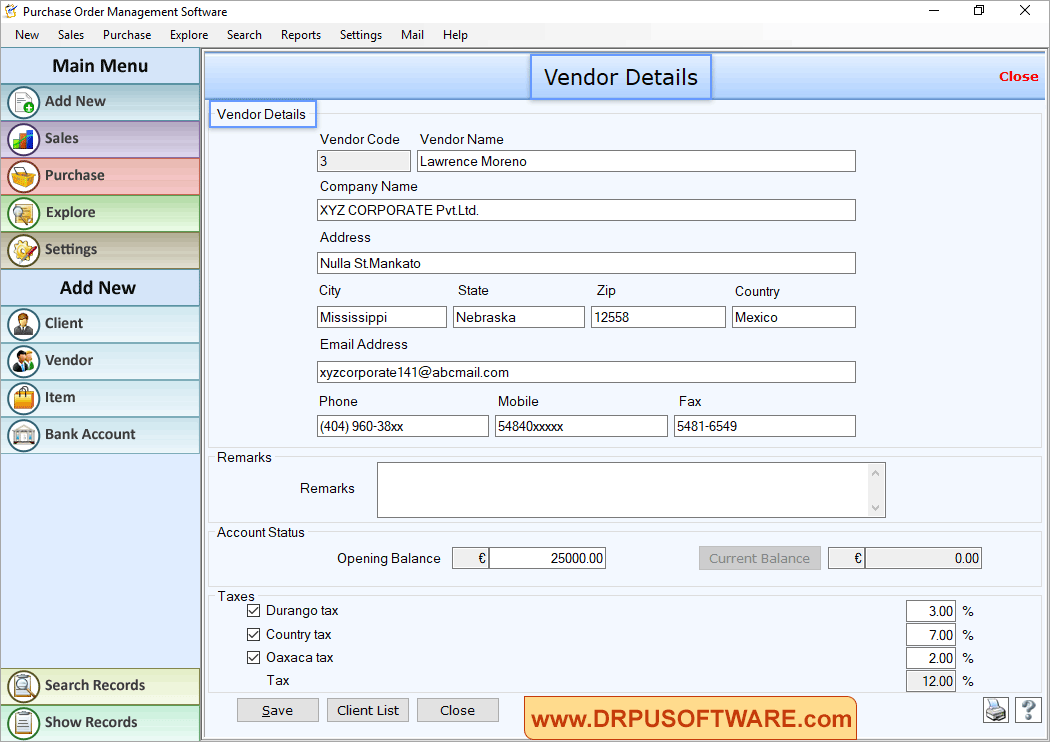 Purchase Order Management Software screenshots shows steps to manage