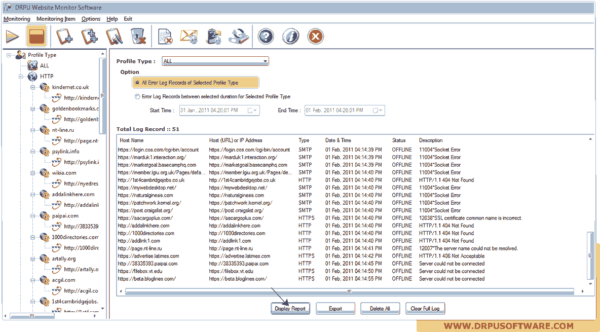 Display Report DRPU Website Monitoring Software
