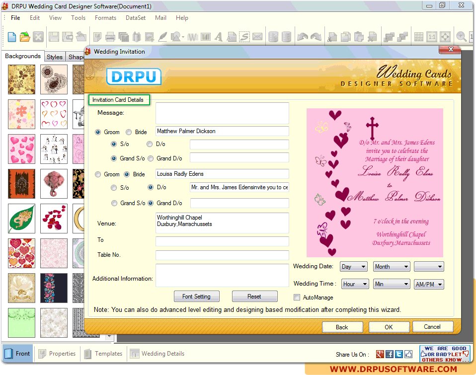 Screenshot of DRPU Wedding Card Designer Software to design invitation card