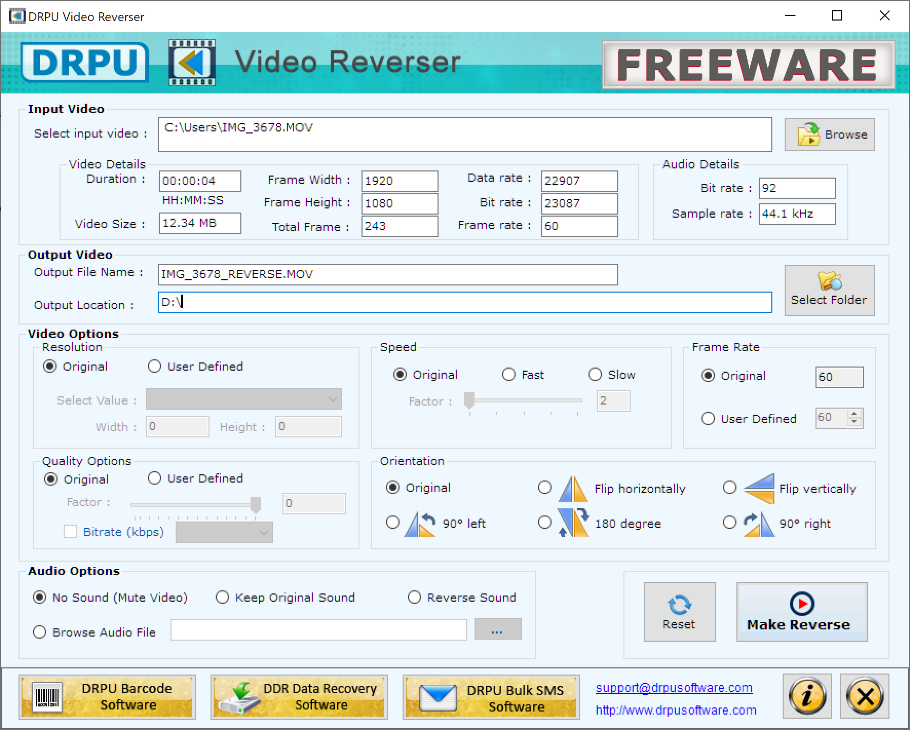 Screenshot of DRPU Video Reverser Freeware Software