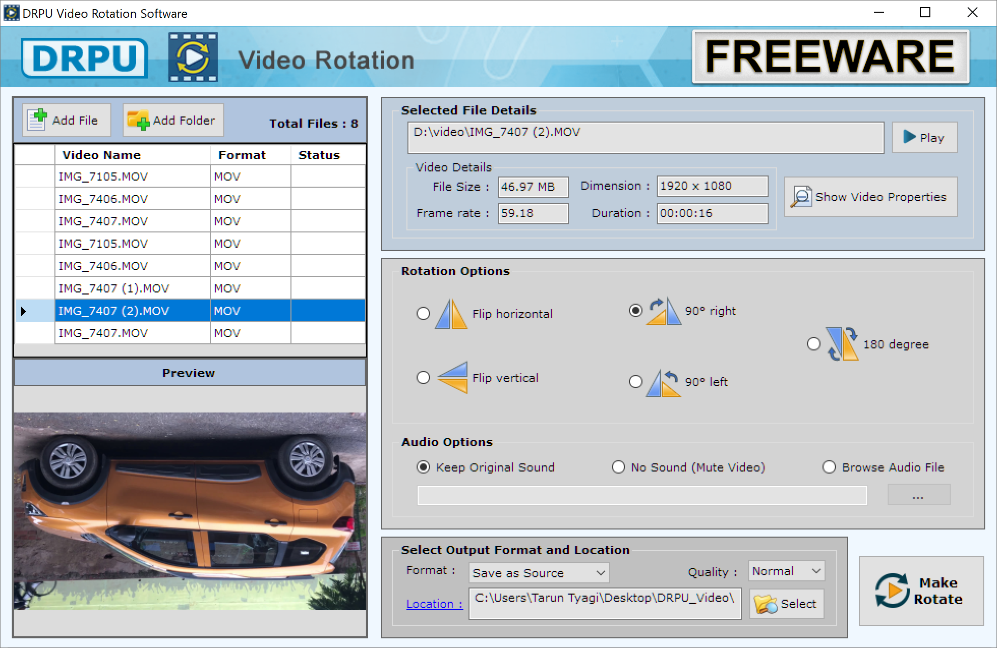 Screenshot of DRPU Video Rotator Freeware Software